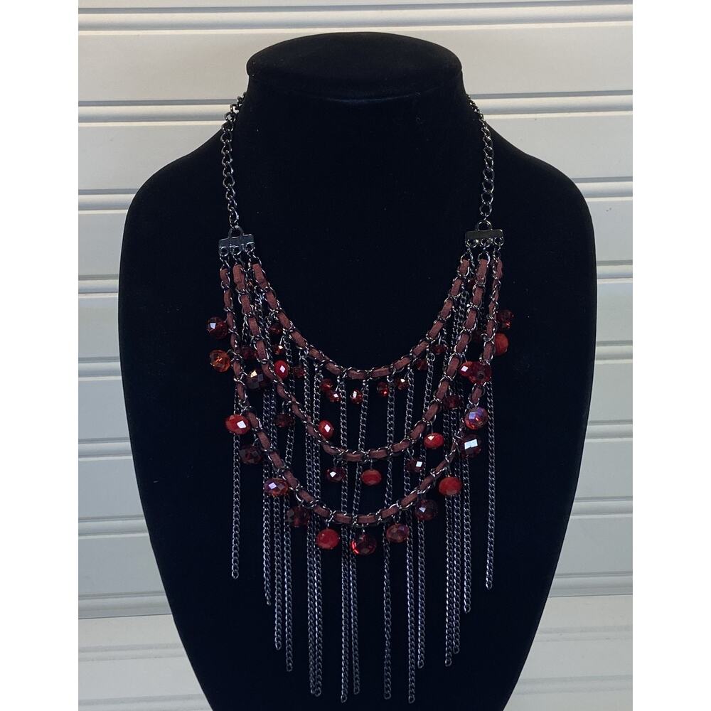 Gunmetal Gray 3 Tier Red Bead & Chain Fringe Bold Statement Unusual Bib Necklace